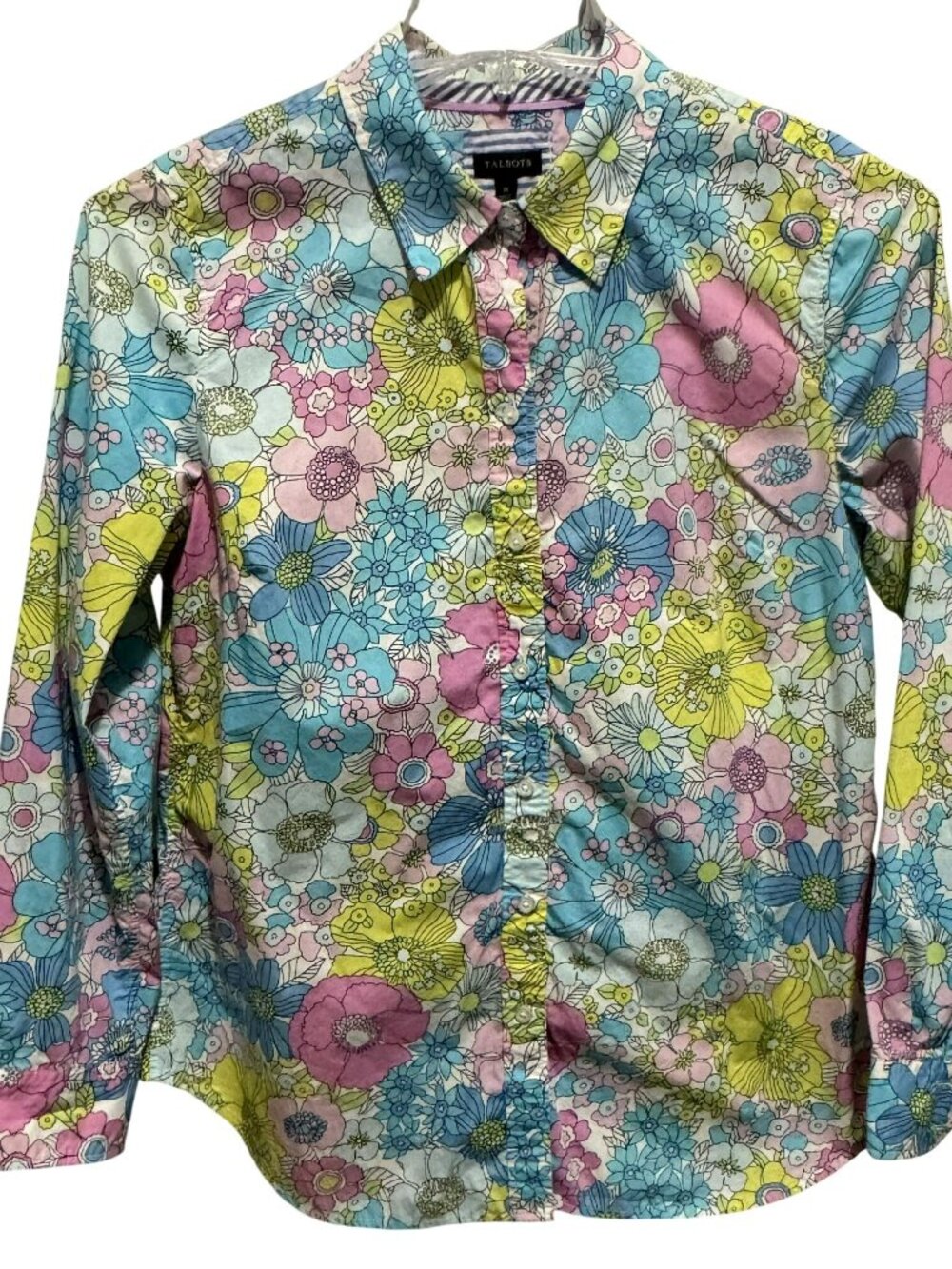 Talbots 70s Vibe Groovy Pastel Floral 100% Cotton Button Front Shirt Retro Sz M